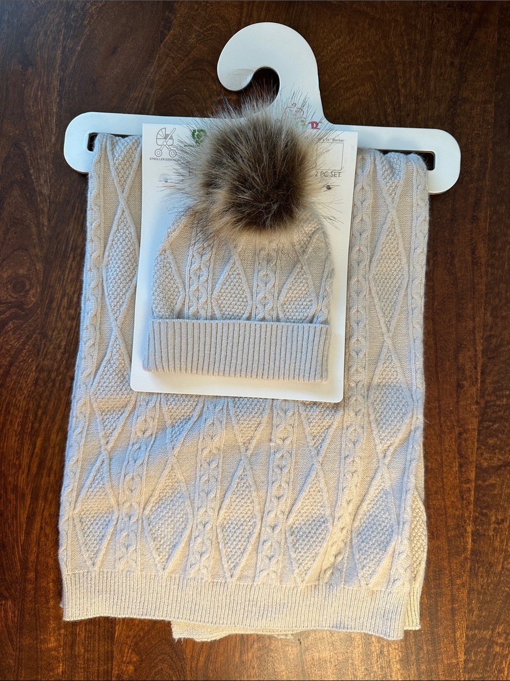 Baby Cable Knit Hat and Blanket Set - Light Cream with Faux Fur Pom